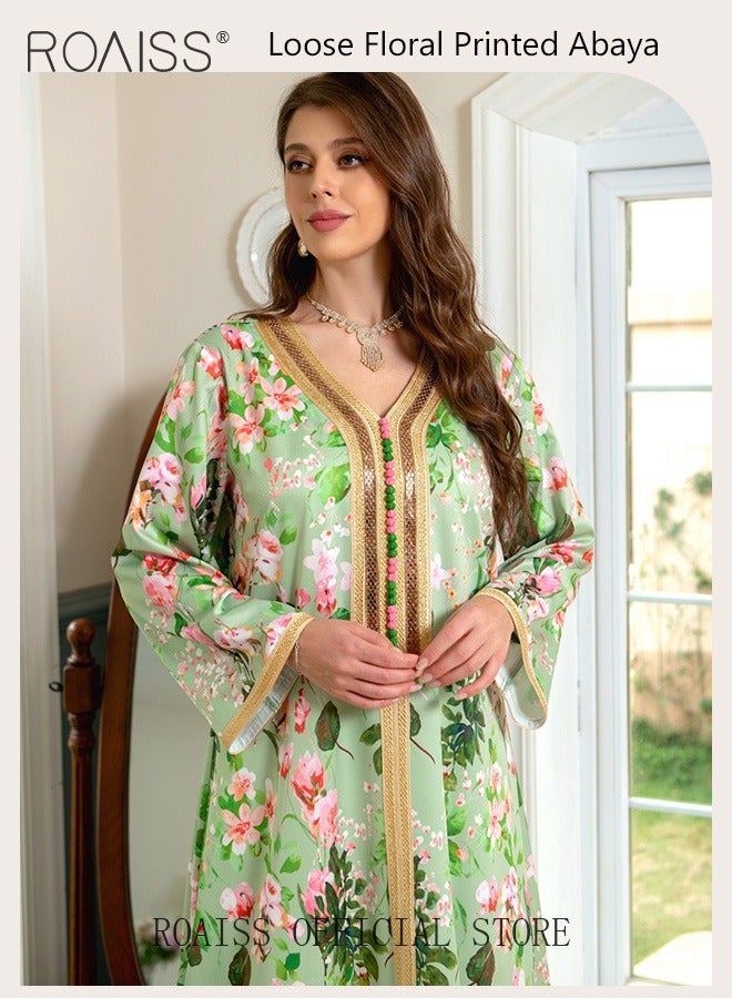 roaiss Women Floral V Neck Maxi Dress, Embroidery Front Long Sleeve Abaya, Loose Fit Breathable Arabian Robe for Ladies Ramadan Eid al-Adha - Image 3